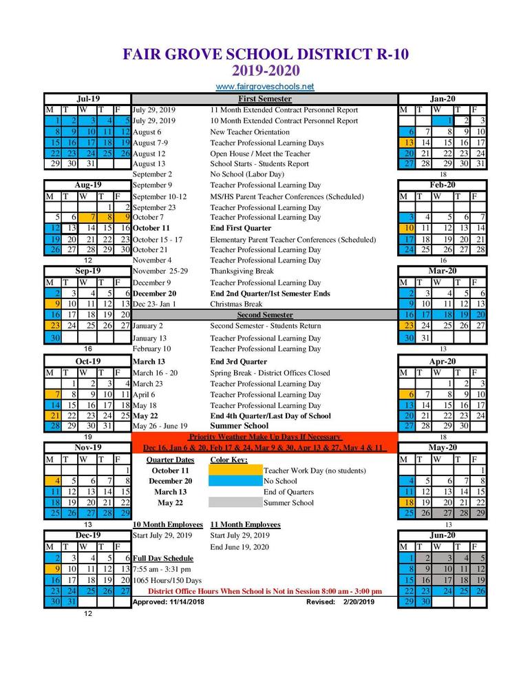 2019-2020 FGS 4-Day School Week Calendar